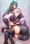  2girls all_fours antennae ass bike_shorts black_thighhighs bodysuit breasts cameltoe closed_mouth clothes_pull commentary_request green_hair headgear highres long_hair looking_at_viewer looking_back lying medium_breasts menou_kaname_(taishi) multiple_girls on_side original pink_eyes red_eyes shorts shorts_pull smile taishi_(picchiridou) thighhighs thighs tsuru-chan very_long_hair white_hair 