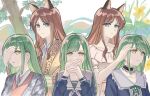  5girls absurdres animal_ears bang_dream! bang_dream!_it&#039;s_mygo!!!!! black_choker blue_eyes blue_shirt brown_hair cat_ears choker clone closed_mouth commentary covering_another&#039;s_eyes covering_own_mouth deep_dig expressionless flower frilled_choker frills green_hair grey_kimono hair_ornament hairclip hands_up hashtag-only_commentary highres japanese_clothes kemonomimi_mode kimono long_hair looking_at_viewer multiple_girls nagasaki_soyo outdoors parted_lips robe sailor_collar school_uniform shirt short_sleeves smile tree tsukinomori_school_uniform wakaba_mutsumi white_sailor_collar white_shirt yellow_eyes yellow_flower yellow_robe 