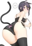  1girl animal_ears apollo_(hu_maple) ass back-print_panties bent_over black_bra black_choker black_hair black_thighhighs blush bra cat_ears cat_lingerie cat_tail choker closed_mouth commentary crotch_seam frilled_bra frills from_behind frown grabbing_own_breast half-closed_eyes highres leaning_forward looking_at_viewer looking_back meme_attire original panties paw_print print_panties purple_eyes short_hair side-tie_panties simple_background solo spoken_blush standing tail thigh_gap thighhighs underwear underwear_only untying white_background 