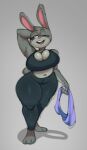 2024 anthro barefoot big_breasts bottomwear breasts buckteeth bulging_breasts cleavage clothed clothing digital_drawing_(artwork) digital_media_(artwork) disney feet female fingers front_view full-length_portrait fur grey_background grey_body grey_ears grey_face grey_fur grey_tail hand_behind_head holding_clothing holding_object judy_hopps lagomorph leporid long_ears looking_aside mammal midriff navel one_eye_closed open_mouth open_smile pants pink_inner_ear pink_nose portrait rabbit rekkadraws short_tail simple_background smile solo standing tail teeth thick_thighs tight_bottomwear tight_clothing tight_pants tight_topwear topwear wide_hips zootopia
