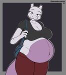  2024 4_fingers absurd_res anthro belly big_belly big_breasts breasts cleavage clothed clothed_anthro clothed_female clothing dweevil female fingers generation_1_pokemon grey_body hi_res huge_belly humanoid_hands legendary_pokemon mayternity mayternity_2024 mewtwo navel nintendo outie_navel pokemon pokemon_(species) pregnant pregnant_anthro pregnant_female purse signature smile solo 