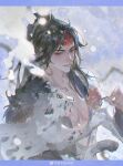  1boy absurdres animal asura_(onmyoji) bare_pectorals black_hair blurry blush braid earrings flower fur_trim highres holding holding_flower jewelry leopard letterboxed long_hair long_sleeves looking_at_animal male_chest male_focus onmyoji parted_bangs parted_lips pectorals ponytail red_eyes red_flower sidelocks smile smusmuye snow snow_leopard solo solo_focus weibo_logo weibo_watermark 