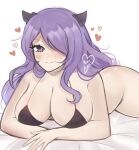  1girl bare_shoulders black_bra blush bottomless bra breasts camilla_(fire_emblem) commentary fake_horns fire_emblem fire_emblem_fates heart highres horns large_breasts long_hair looking_at_viewer navel purple_eyes purple_hair purrlucii simple_background smile solo stomach underwear white_background 
