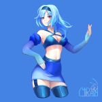  1girl alternate_costume bare_shoulders blue_background blue_gloves blue_hair blue_hairband blue_skirt blue_thighhighs breasts cleavage commentary criss-cross_halter cropped_legs elbow_gloves eula_(genshin_impact) fingerless_gloves genshin_impact gloves hairband halterneck highres long_hair looking_at_viewer midriff miniskirt miramarin navel pencil_skirt simple_background skirt small_breasts solo standing stomach thighhighs thighs yellow_eyes 