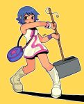  1girl artist_name bag black_eyes blue_hair boots breasts dress english_commentary full_body hammer highres looking_at_viewer medium_breasts official_alternate_costume open_mouth ramona_flowers scott_pilgrim_(series) short_hair solo war_hammer weapon white_background yellow_background yuyu_uu27 