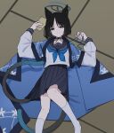  1girl absurdres animal_ears black_eyes black_hair black_sailor_collar blue_archive blue_halo blue_neckerchief cat_ears cat_tail halo highres kikyou_(blue_archive) long_sleeves looking_at_viewer lying lyrinne multiple_tails neckerchief on_back sailor_collar school_uniform serafuku short_hair solo tail two_tails 