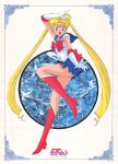  1990s_(style) 1girl bishoujo_senshi_sailor_moon blonde_hair blue_eyes blue_sailor_collar boots bow brooch choker crescent crescent_choker crescent_earrings double_bun earrings elbow_gloves gloves hair_bun highres jewelry knee_boots logo long_hair looking_at_viewer magical_girl miniskirt non-web_source open_mouth pink_footwear pleated_skirt retro_artstyle sailor_collar sailor_moon sailor_senshi_uniform skirt solo tiara tsukino_usagi twintails very_long_hair white_gloves 