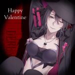  1girl angon623 arms_behind_head arms_up black_eyes black_hair black_hat black_jacket black_tube_top boutonniere box breasts character_name cleavage collarbone commentary deren_(path_to_nowhere) earrings flower gift gift_box hair_between_eyes happy_valentine hat heart heart_earrings heart_necklace heart_print heart_top height_chart highres holding holding_box holding_gift hoop_earrings jacket jewelry linea_alba looking_at_viewer medium_breasts medium_hair necklace one_eye_closed open_clothes open_jacket path_to_nowhere pink_flower print_headwear print_jacket red_background smile solo spotlight stomach strapless tube_top two-sided_fabric two-sided_headwear upper_body 