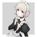  1girl alternate_costume apron black_choker black_dress blonde_hair choker dress enmaided gloves grey_background hair_ornament hairclip highres hololive hololive_dev_is juliet_sleeves long_sleeves maid maid_apron maid_headdress puffy_sleeves purple_eyes todoroki_hajime toketa_(toketa15) tray two_side_up virtual_youtuber white_gloves 