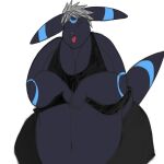 bbm black_body bottomwear clothing eeveelution eyes_closed generation_2_pokemon grey_hair hair hi_res kosmonius long_ears male navel nintendo overweight pants pokemon pokemon_(species) seth65 shirt short_hair slightly_chubby solo tank_top tongue tongue_out topwear umbreon