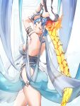  1girl alternate_costume armlet arms_up ass backless_dress backless_outfit bare_back bare_shoulders blue_dress blue_hair blutgang_(fire_emblem) clear_glass_(mildmild1311) closed_eyes cowboy_shot dancer dancer_(fire_emblem:_three_houses) dress earrings fire_emblem fire_emblem:_three_houses highres holding holding_sword holding_weapon jewelry marianne_von_edmund short_hair solo standing sword thighs weapon 