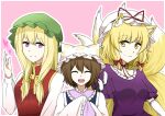  3girls absurdres alternate_costume animal_ear_fluff animal_ears animal_hat blonde_hair blue_tabard bow brown_hair bug butterfly cat_ears cat_tail chen chen_(cosplay) choker closed_eyes closed_mouth commentary_request cosplay costume_switch dress elbow_gloves fox_ears fox_tail gloves green_hat hair_bow hat hat_ribbon highres long_hair long_sleeves looking_at_viewer mob_cap multiple_girls multiple_tails nekomata open_mouth purple_dress purple_eyes red_bow red_ribbon ribbon ribbon_choker short_hair short_sleeves smile tabard tail tanaka_fumiko touhou two_tails white_gloves yakumo_ran yakumo_ran_(cosplay) yakumo_yukari yakumo_yukari_(cosplay) yellow_eyes 