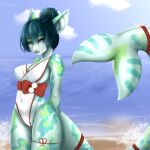  anthro asian_clothing beach blue_sky clothed clothing cloud east_asian_clothing female fin fish fur green_body green_fur green_hair hair hi_res hybrid japanese_clothing kimono legband looking_at_viewer marine pink_eyes sand sea seaside shark shark_fin shark_tail sky smile solo tail tail_fin thighband water white_body white_fur yourumi 