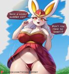  absurd_res anthro areola biped breasts cinderace clothed clothing dialogue eyelashes female generation_8_pokemon genitals hi_res nintendo nipples pokemon pokemon_(species) pupils pussy pussy_floss smile solo speech_bubble text thick_thighs thyhsilverfeet 
