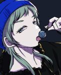  1other alternate_costume androgynous black_shirt blue_eyes blue_hat candy food gnosia green_hair hat holding holding_candy holding_food holding_lollipop lollipop long_sleeves looking_at_viewer other_focus ponkotsu_kusomegane raqio shirt short_hair simple_background solo upper_body 