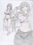  1girl arm_up arms_behind_back belt bikini black_bikini blue_eyes bra breasts brown_hair camera colored_pencil_(medium) covered_nipples hibike!_euphonium highres holding holding_camera jacket jacket_partially_removed kuroe_mayu large_breasts long_hair navel pants red_bra shirajira shirt_rolled_up smile swimsuit table traditional_media underwear white_jacket 