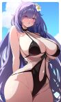 1girl :o arms_behind_back azur_lane bare_shoulders blush breasts chain cleavage cowboy_shot flower hair_flower hair_ornament hair_over_one_eye highres large_breasts long_hair mogador_(azur_lane) mogador_(locker_room_lechery)_(azur_lane) mole mole_on_breast navel ni_tamago_sando official_alternate_costume one-piece_swimsuit purple_eyes purple_hair standing swimsuit very_long_hair white_flower 