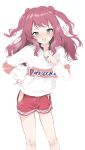  1girl bare_legs blue_eyes blush breath feet_out_of_frame gakuen_idolmaster hanami_saki highres hip_vent idolmaster long_hair long_sleeves looking_at_viewer red_hair red_shorts ripu_(lipi) shirt shorts simple_background solo sweat two_side_up white_background white_shirt 