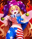  1girl american_flag_dress american_flag_legwear blonde_hair clothes_lift clownpiece commentary_request cowboy_shot dress dress_lift fairy_wings fangs fire hat highres jester_cap kisaragi_koushi lifted_by_self long_hair looking_at_viewer navel neck_ruff open_mouth pantyhose pink_eyes polka_dot polka_dot_headwear short_sleeves smile solo star_(symbol) star_print striped_clothes touhou transparent_wings very_long_hair wings 