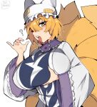  1girl ? animal_ears blonde_hair blue_tabard blush breasts dress english_commentary eyelashes fellatio_gesture fox_ears fox_girl fox_tail frills grabbing_own_breast hair_between_eyes hand_up hat highres huge_breasts long_sleeves looking_at_viewer mob_cap multiple_tails oniyanna open_mouth outline pinky_out short_hair simple_background solo tabard tail teeth tongue tongue_out touhou upper_body upper_teeth_only white_background white_dress white_outline wide_sleeves yakumo_ran yellow_eyes 