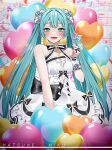  1girl 39 :d absurdres aqua_eyes aqua_hair aqua_nails balloon bare_shoulders black_bow blush bow bowtie breasts brooch commentary dot_nose dress dress_bow finger_bow frilled_dress frilled_wrist_cuffs frills hair_between_eyes hand_up happy hatsune_miku heart_balloon highres jewelry long_hair looking_at_viewer miku_day musical_note nail_polish open_mouth scrunchie small_breasts smile solo tearing_up teeth treble_clef twintails vocaloid wanko_(yurika0320) white_dress white_scrunchie wrist_cuffs 