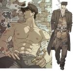  1boy abs bandaid bandaid_on_arm bara brown_hair brown_theme cigarette coat facial_hair full_body highres large_pectorals looking_to_the_side male_focus multiple_views muscular muscular_male na-eun_(ejdbvaaqup08jfy) nipples original pants pectorals scar short_hair smoking standing stomach stubble thick_eyebrows topless_male track_pants veins veiny_arms walking 