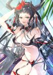  1girl asymmetrical_gloves banamons bikini black_bikini black_gloves black_hair breasts cleavage commentary_request dangle_earrings demon_horns earrings elbow_gloves feathered_wings gloves granblue_fantasy green_eyes highres horns jewelry large_breasts long_hair looking_at_viewer magus_(granblue_fantasy) multi-strapped_bikini_bottom navel open_mouth outdoors palm_tree red_gloves short_bangs single_elbow_glove smile solo sunlight swimsuit tree two-tone_gloves uneven_gloves wings 
