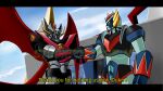  1970s_(style) absurdres grendizer highres horns mazinger_(series) mazinkaiser mazinkaiser_(robot) mecha mecha_focus mechanical_wings no_humans pilder retro_artstyle robot science_fiction spread_wings stock_m super_robot ufo_robo_grendizer wings yellow_eyes 