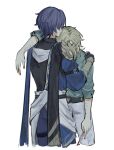  2boys aqua_shirt arm_around_shoulder aventurine_(honkai:_star_rail) belt black_gloves blonde_hair blood blood_on_knife blue_hair dr._ratio_(honkai:_star_rail) gloves highres holding holding_knife honkai:_star_rail honkai_(series) hug knife long_sleeves male_focus multiple_boys no_gloves pants sash self-harm shirt short_hair utility_knife white_background white_pants wrist_cutting yaoi zzzz44892252457 