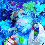  1other androgynous blue_eyes blue_feathers facepaint facial_mark feathers forehead_mark gnosia green_hair headphones highres long_hair long_sleeves looking_at_viewer makeup multicolored_hair other_focus raqio sen_(aypj8447) solo streaked_hair tattoo upper_body 