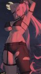  1girl absurdres armpits arms_behind_head arms_up bare_shoulders breasts cleavage collarbone fate/grand_order fate_(series) full_moon grey_hair highres jeanne_d&#039;arc_alter_(fate) jeanne_d&#039;arc_alter_(mystery_treasure)_(fate) kakeku large_breasts long_hair moon navel night night_sky pants ponytail sky solo star_(sky) starry_sky thighs torn_clothes torn_pants yellow_eyes 