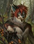 anthro arm_tuft black_body black_claws black_fur black_horn blue_eyes blue_sclera brown_body brown_fur canid cheek_tuft claws eyelashes facial_tuft finger_claws fungus fur glistening glistening_eyes hair hi_res horn hybrid looking_at_viewer male mammal marie_merkh moss mouth_closed multicolored_body multicolored_fur mushroom neck_tuft outside plant red_body red_fur red_hair shoulder_tuft solo tree tuft white_body white_fur