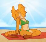 abby_(user55) agamid anthro beach bikini breasts claws clothed clothing crossed_legs feet female frill_(anatomy) frilled_lizard hi_res lizard morgdl navel non-mammal_breasts orange_body reptile scalie seaside sitting solo spots stripes swimwear tail toes towel water yellow_eyes