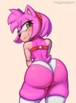  2024 amy_rose anthro big_butt blush butt clothed clothing eulipotyphlan female green_eyes hair hedgehog hi_res looking_back mammal pink_body pink_hair sega simple_background smile solo sonic_the_hedgehog_(series) triggerpigart 