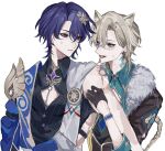  2boys animal_ears arm_hug aventurine_(honkai:_star_rail) bite_mark black_gloves black_shirt blonde_hair blood blood_in_mouth blue_hair blush bracelet c8apa cat_boy cleavage_cutout clothing_cutout collared_shirt dr._ratio_(honkai:_star_rail) fur_scarf gloves highres honkai:_star_rail honkai_(series) jewelry looking_at_another male_focus multiple_boys muscular muscular_male neck_tattoo shirt short_hair side_cutout simple_background single_bare_arm sitting_on_hand tattoo upper_body white_background yaoi 