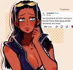  1girl absurdres artist_name blue_eyes blue_jacket breasts cleavage closed_mouth english_commentary english_text eyewear_on_head hair_slicked_back highres huyandere jacket long_hair looking_up nico_robin one_piece orange-tinted_eyewear sidelocks sleeveless sleeveless_jacket solo tinted_eyewear upper_body 