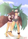  2girls absurdres aeris_(athighhighguy) animal_ears anklet asekeu bare_shoulders bird_legs black_shorts brown_feathers brown_wings cat_ears commentary english_commentary feathered_wings feathers green_eyes green_feathers green_hair green_wings harpy highres hug jewelry long_hair looking_at_viewer midriff monster_girl multiple_girls navel one_eye_closed open_mouth original quill_(asekeu) shorts talons tongue tongue_out waist_hug winged_arms wings 