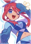  1girl ;d blue_eyes blue_gloves blue_shirt breasts crop_top elbow_gloves gloves grey_outline groin hair_bun hand_up highres long_hair medium_breasts navel omochi_(omotimotittona3) one_eye_closed open_mouth outline pokemon pokemon_bw red_hair shirt single_hair_bun skyla_(pokemon) smile solo teeth upper_teeth_only 