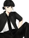  1girl androgynous black_eyes black_hair black_necktie black_pants black_shirt blunt_bangs collared_shirt commentary ear_piercing earrings hair_bun highres jewelry kininatteru_hito_ga_otoko_ja_nakatta knees_up koga_mitsuki light_smile looking_at_viewer mole mole_under_eye necktie open_clothes open_shirt pants piercing reverse_trap shirt short_sleeves single_hair_bun sitting solo tomboy white_background white_shirt z0hqjaez 