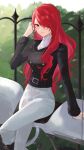  1girl arm_up belt black_shirt bush buttons closed_mouth commentary_request eyelashes fence hair_over_one_eye highres kirijou_mitsuru konchi_(63438789) long_hair outdoors pants persona persona_3 red_eyes red_hair shirt sitting smile solo white_pants 