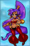 absurd_res blue_eyes breasts brown_body brown_skin cleavage clothed clothing ear_piercing ear_ring female footwear genie hair hi_res humanoid humanoid_pointy_ears long_hair not_furry open_mouth open_smile piercing ponytail purple_hair ring_piercing shantae shantae_(series) shoes simple_background smile solo vithroil wayforward
