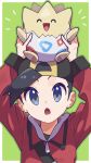  1boy :d :o ^_^ arms_up backwards_hat baseball_cap black_hair black_hat closed_eyes ethan_(pokemon) green_outline grey_eyes hat highres long_sleeves omochi_(omotimotittona3) on_head open_mouth outline pokemon pokemon_(creature) pokemon_hgss pokemon_on_head short_hair smile togepi two-tone_headwear yellow_hat 