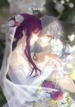  2girls absurdres alternate_costume blurry blurry_background bouquet bridal_veil bride choker closed_mouth commentary_request dress earrings elbow_gloves face-to-face flower flower_choker gloves grey_hair highres holding_hands honkai:_star_rail honkai_(series) interlocked_fingers jewelry kafka_(honkai:_star_rail) long_hair motuwangchuan multiple_girls one_eye_closed pink_flower pink_rose purple_flower purple_hair ring rose smile stelle_(honkai:_star_rail) strapless strapless_dress trailblazer_(honkai:_star_rail) upper_body veil wedding white_dress white_flower white_gloves white_rose yellow_eyes yellow_flower yuri 