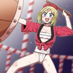  1girl alternate_costume arm_up blonde_hair blue_eyes blurry blurry_background blush breasts chest_sarashi collarbone commentary_request drum drumming eyelashes fundoshi hairband highres holding holding_stick instrument irida_(pokemon) jacket japanese_clothes knees legs_apart medium_hair music nutkingcall open_mouth playing_instrument pokemon pokemon_legends:_arceus red_hairband red_jacket sarashi solo stick sweat teeth upper_teeth_only 