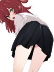  1girl bent_over black_skirt blush bocchi_the_rock! commentary_request from_behind green_eyes highres kita_ikuyo leaning_forward long_hair looking_at_viewer looking_back medium_hair miniskirt open_mouth red_hair shirt simple_background skirt solo thighs ukitaryu upper_body white_background white_shirt 