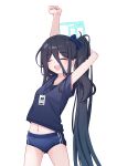  1girl absurdly_long_hair absurdres aris_(blue_archive) arm_behind_head arms_up ass_visible_through_thighs black_shirt blue_archive blue_buruma buruma clenched_hand closed_eyes green_halo gym_uniform halo highres huwa_hu8 legs_apart long_hair long_hair_between_eyes navel open_mouth rectangular_halo shirt short_sleeves side_ponytail smile solo standing stretching thighs very_long_hair 