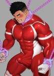  1boy bara blush bodysuit bulge chain chained cowboy_shot cuffs defeat energy erection erection_under_clothes frown handcuffs highres kansuke_(kansuke_717) large_pectorals looking_at_viewer male_focus muscular muscular_male original pectorals red_bodysuit short_hair solo standing superhero_costume thick_eyebrows thick_thighs thighs 