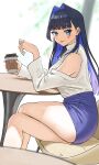  1girl :p absurdres bare_legs black_hair blue_eyes blue_hair blue_skirt blunt_bangs blush clothing_cutout colored_inner_hair crossed_legs cup disposable_cup dunchy feet_out_of_frame hair_intakes highres hololive hololive_english light_smile long_hair looking_at_viewer looking_to_the_side miniskirt multicolored_hair ouro_kronii shirt shoulder_cutout sitting skirt solo tongue tongue_out two-tone_hair very_long_hair virtual_youtuber white_shirt 