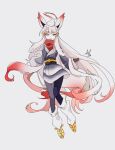  1girl akari_(pokemon) akari_(pokemon)_(cosplay) cocoa_s3 colored_skin commentary cosplay fox_girl full_body highres hisuian_zorua leg_warmers long_hair multicolored_hair personification pokemon pokemon_legends:_arceus red_hair simple_background solo symbol-only_commentary thick_eyebrows two-tone_hair very_long_hair white_background white_hair white_skin yellow_eyes 