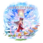  1girl absurdres ascot blue_sky bow brown_eyes brown_hair cloud cloudy_sky commentary_request day detached_sleeves frilled_bow frilled_hair_tubes frills gohei hair_bow hair_tubes hakurei_reimu highres holding holding_gohei long_hair mary_janes ofuda orb red_bow red_skirt ribbon-trimmed_sleeves ribbon_trim shoes skirt skirt_set sky smile socks solo tanaka_fumiko torii touhou unfinished_dream_of_all_living_ghost white_socks yellow_ascot yin_yang yin_yang_orb 